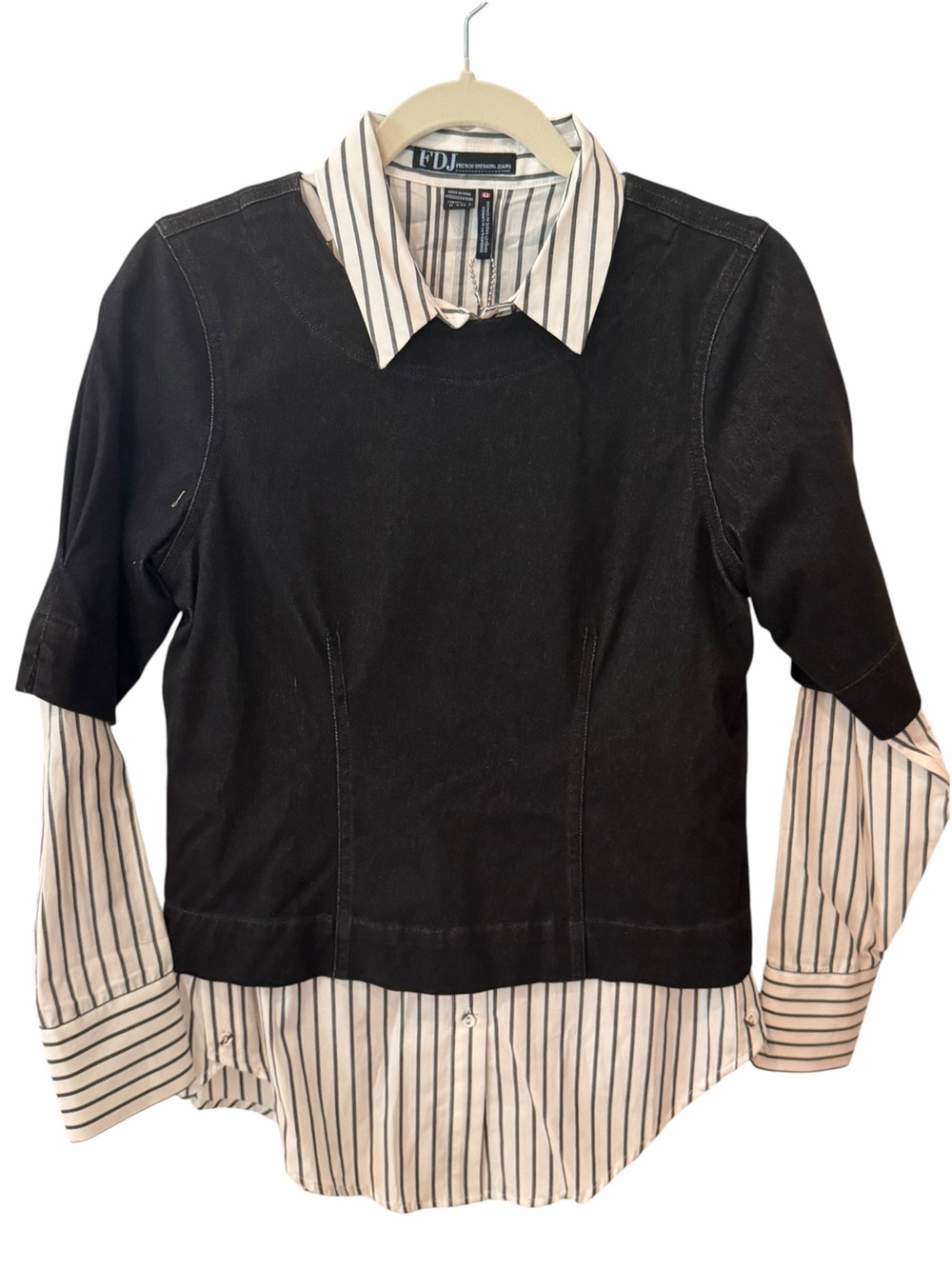 FDJ French Dressing Jeans Layered Denim Striped Shirt Top Black Small NWT